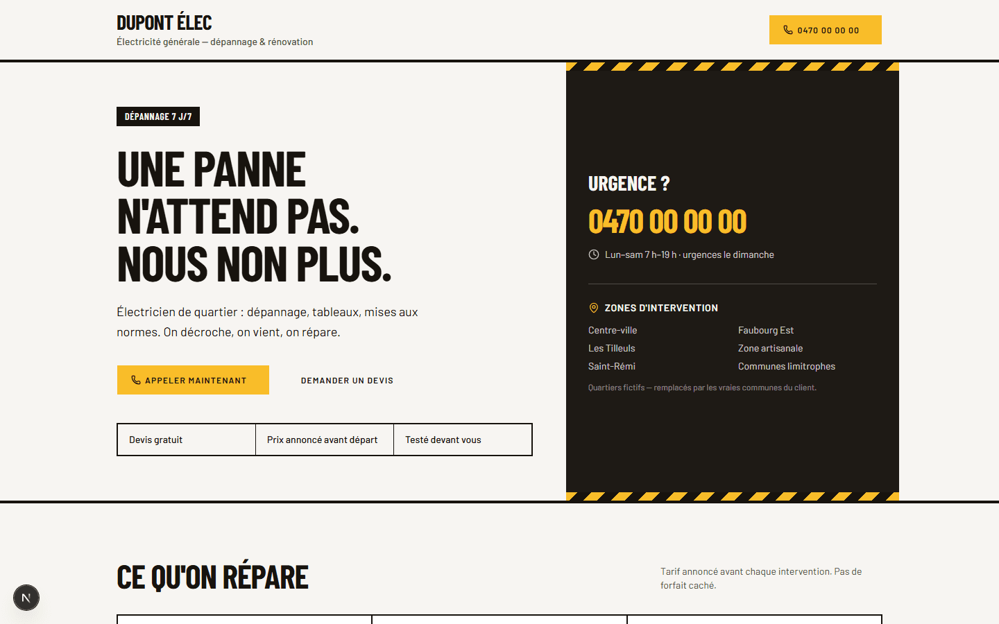 Aperçu ordinateur du modèle Artisan Urgence (démonstration « Dupont Élec »)