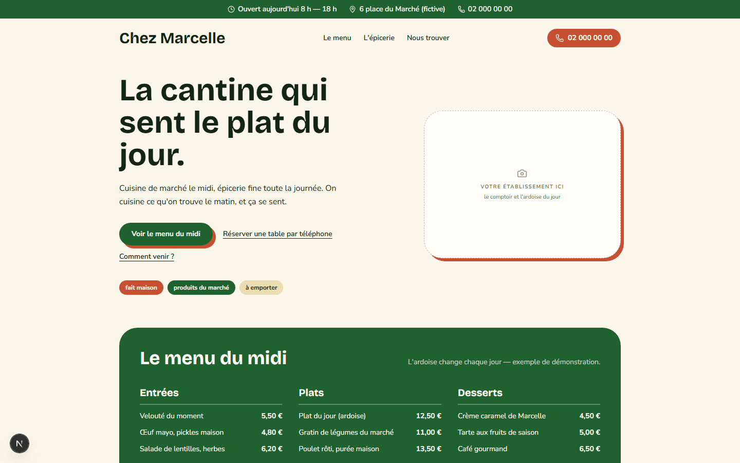 Aperçu ordinateur du modèle Cantine Locale (démonstration « Chez Marcelle »)