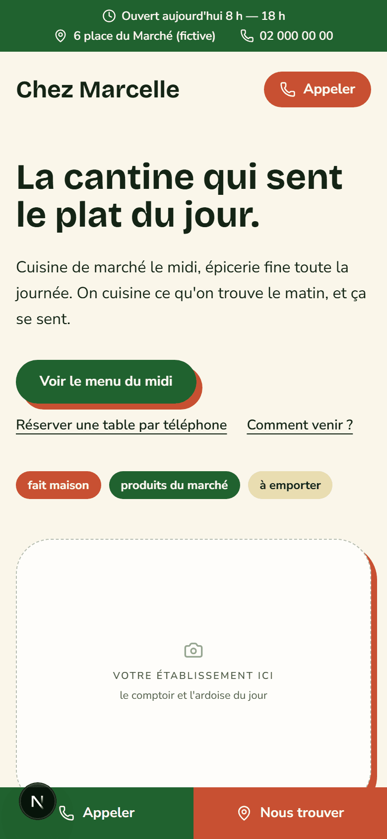 Aperçu mobile du modèle Cantine Locale