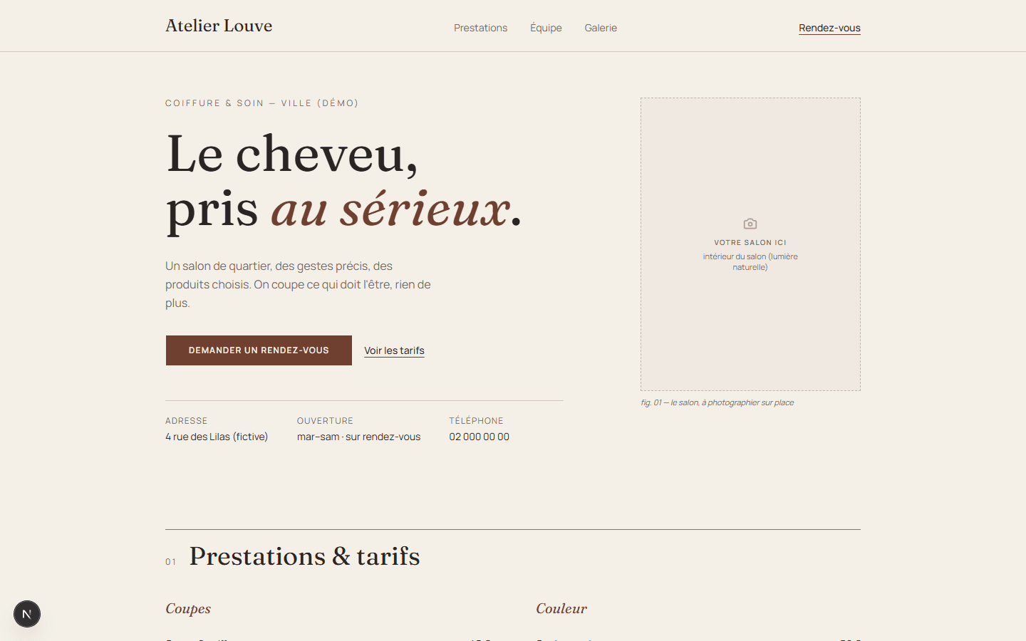 Aperçu ordinateur du modèle Salon Élégance (démonstration « Atelier Louve »)